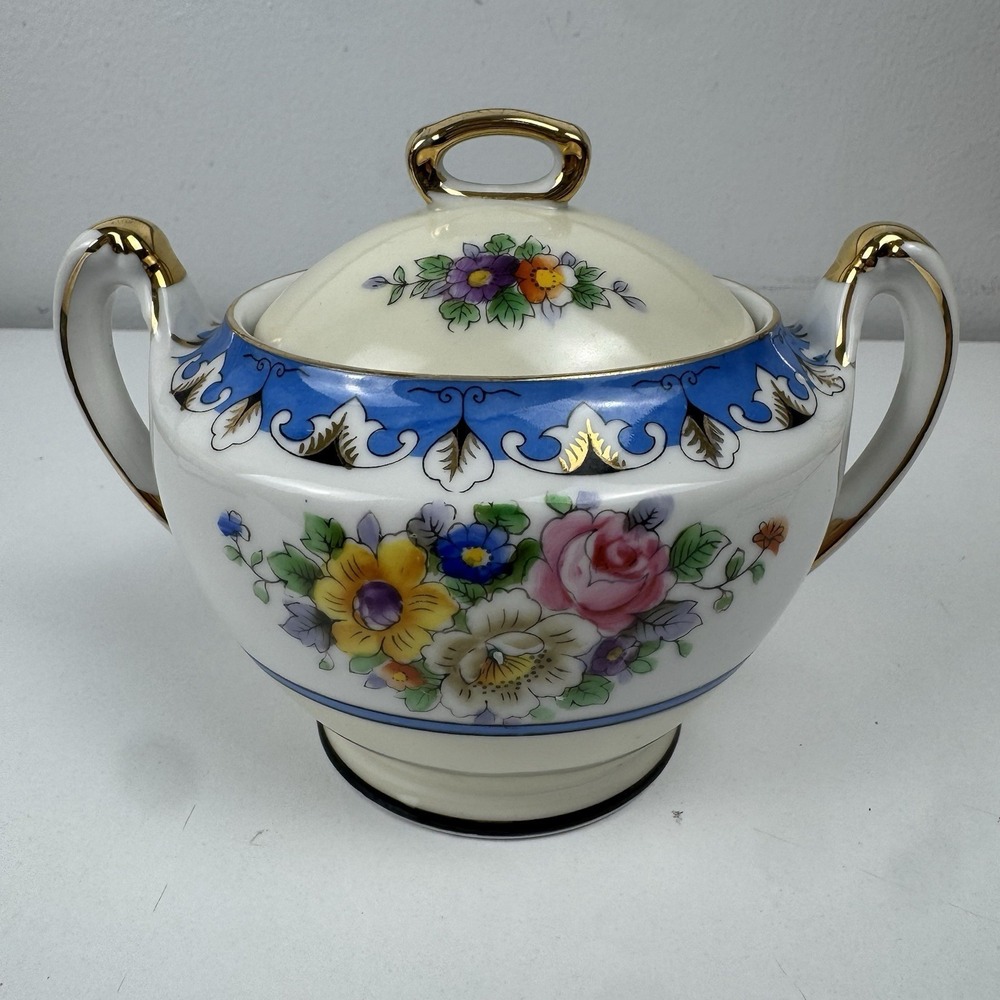 Vtg 1940s‎ Noritake Floral Sugar Bowl Hand Painted Gold Trim Japan